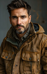 Rugged and Handsome Mature Man in Stylish Waxed Jacket with Intense Gaze
