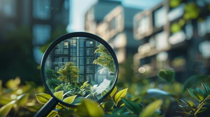 Magnifying glass near residential building, checking properties for sustainability, offer price, condition, etc., text and copy space, 16:9