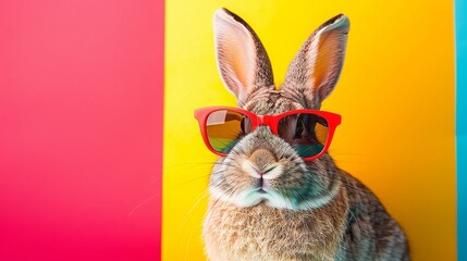 Cool bunny with sunglasses on colorful background, eastern, copy and text space, 16:9