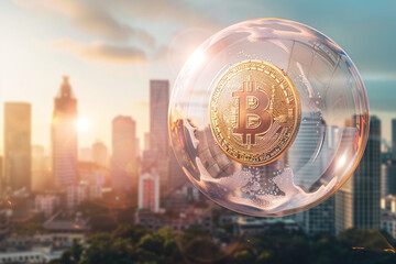 Bitcoin symbol in a bubble over a cityscape at sunrise
