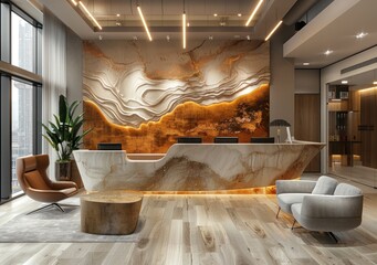 A lobby featuring a luxurious marble counter where guests can check in, surrounded by sleek chairs for waiting. The lobby exudes a sense of sophistication and style with its contemporary design - obrazy, fototapety, plakaty