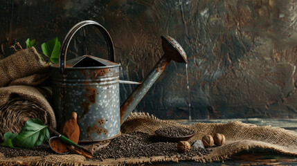 Watering can and seeds for the gardener