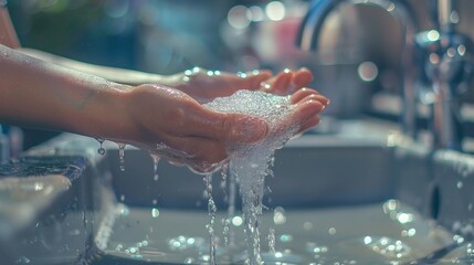 Fototapeta premium detailed close-up of hand cleaning with water in a restroom basin countertop, showcasing hygiene and sanitation with a focus on maintaining cleanliness and health