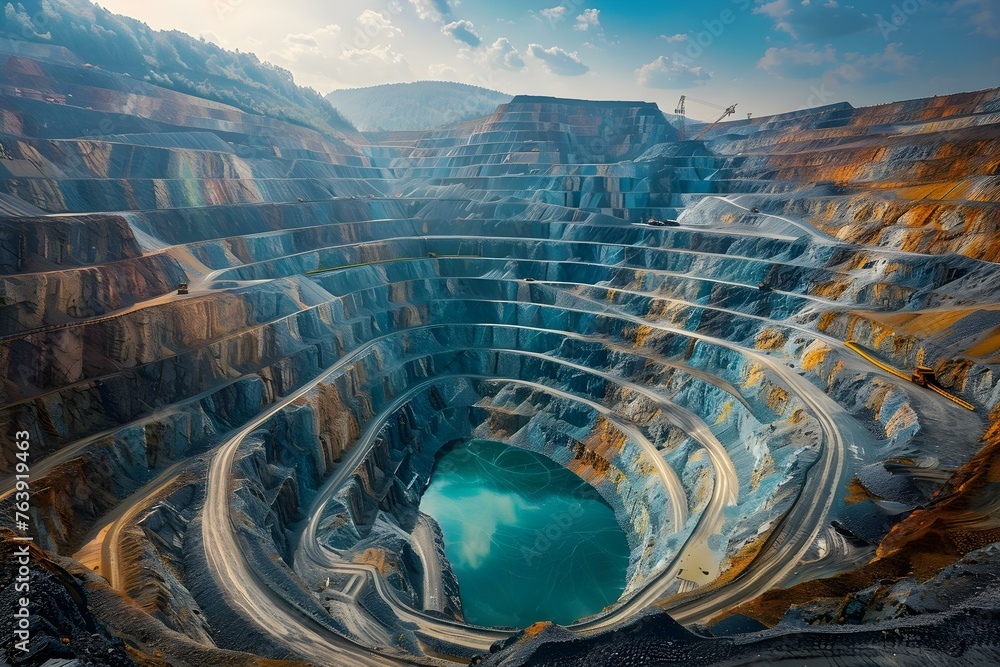 Poster the vastness and industrial scale of mining operations showcased in an expansive open-pit mine. conc