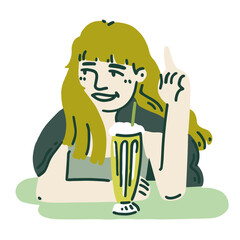 Vector flat illustration of green girl. Woman sitting in cafe, enyoing her drink at the table. Cute cartoon character design. 