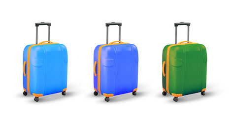 3d holiday suitcases in different color: bright blue, blue and green, isolated on white background. 3d rendered suitcase or luggage in minimal style. Luggage icon. Vector illustration. Vector