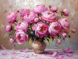 an oil painting is showing pink peonies
