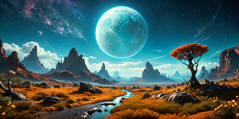 Alien World. Exoplanet with a moon low in the sky. - 763920201