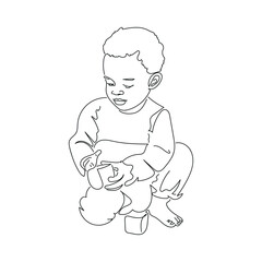Kid playing line art vector.Baby playing one line art