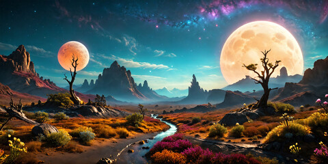 Alien World. Exoplanet with a moon low in the sky. - 763920416