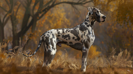 Great Dane's coat in a hyperrealistic image. Emphasize the richness of its markings, shiny coat, and expressions - obrazy, fototapety, plakaty