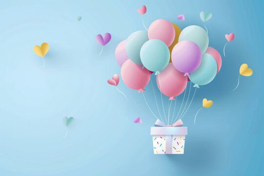  Children's Day card with a bunch of flying balloons and a gift box on a blue sky background. Happy Birthday and Happy Valentine's Day greetings. Gift box, balloons on a blue isolated background.