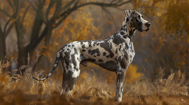 Great Dane's coat in a hyperrealistic image. Emphasize the richness of its markings, shiny coat, and expressions