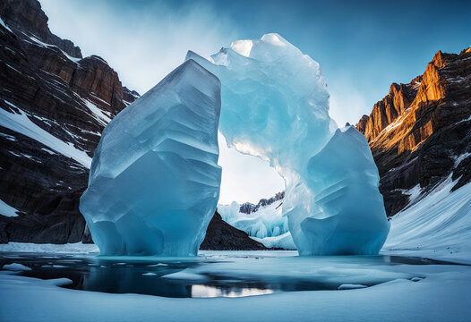An iceberg is shown with a hole in the middle. It is in a lake surrounded by rocky mountains. The sky is blue with clouds