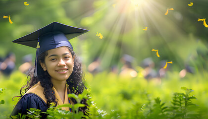 Foregrounded young girl among jubilant graduates in outdoor setting