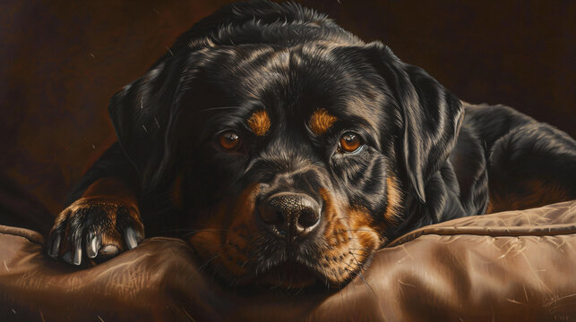 Portray the regal presence of a Rottweiler in a hyperrealistic image.