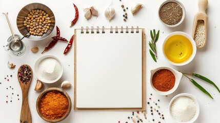 Different ingredients on white background with empty notepad ,Generative ai ,  - obrazy, fototapety, plakaty