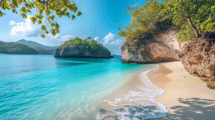 Discover Paradise: A Tranquil Beach with Crystal Clear Waters, Surrounded by Lush Greenery and...