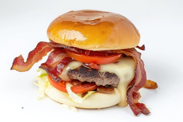 hamburger with white cheese, bacon crispy, tomato slice, sauce, beef patty, simple bun without...