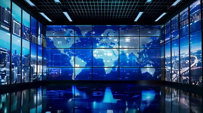 digital world map on large monitor corporate. video wall mainstream media set news broadcast concept.