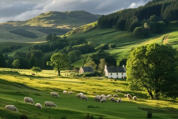 Fototapeta na wymiar a panoramic view of the Scottish green countryside with big green trees and bushes on green rolling hills during sunshine in the morning with small houses and herd of sheep grazing in it
