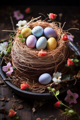 Fototapeta na wymiar Easter background. Happy Easter backdrop card. Easter baked. Festive Easter. Tasty Easter nest cake.