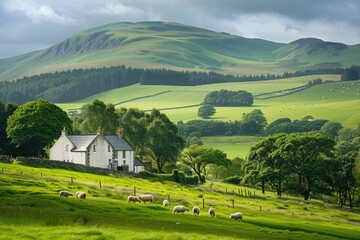 a panoramic view of the Scottish green countryside with big green trees and bushes on green rolling...