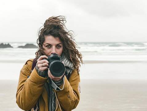 A woman with curly hair is taking a picture of the ocean. She is wearing a yellow jacket and a scarf