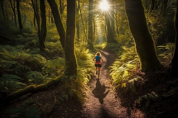 A person is jogging through a serene forest, bathed in the golden light of the sun piercing through the dense canopy