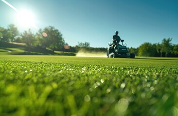 down view of a small tractor yielding greeny grass field in a green park with green trees and golf...