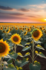 Fototapeta premium An impressive landscape with bright yellow sunflowers in the evening. Photo of the concept of ecology. The agricultural industry. Perfect wallpaper. An image of the cultivated land. The beauty of the 