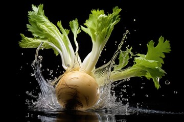 Celeriac , Throw it into the water and spread it out , vegetable , black background.