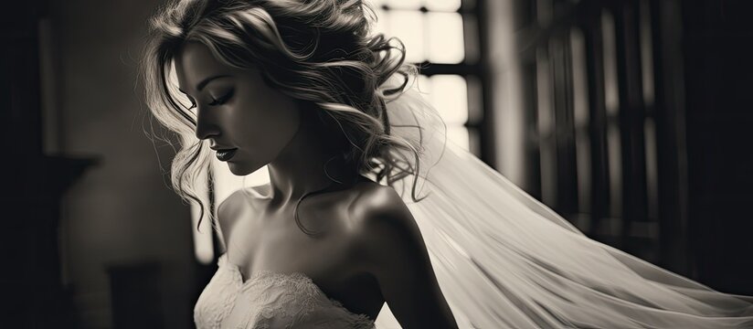 Capture the elegance of a woman dressed in a traditional wedding gown in a classic black and white photograph