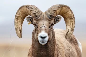 closeup photo of an impressive bighorn sheep ram with large curved horns in a close up shot of its head and shoulders in the front view standing in a grassy field during sunshine in the morning  - Powered by Adobe