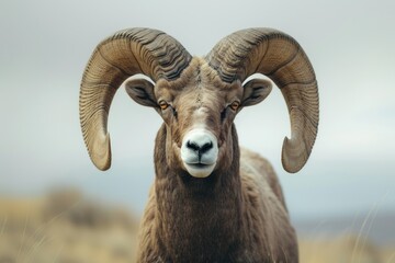 closeup photo of an impressive bighorn sheep ram with large curved horns in a close up shot of its...