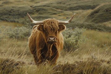 closeup image of an old brown cute highland cow with big horns and long hairs standing in a grassy field during sunshine in the morning