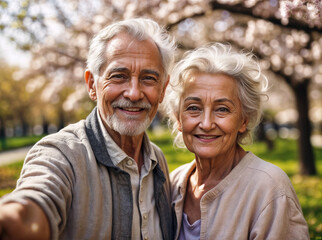 close-up portrait Happy elders coupe enjoying selfie beautiful spring day park trees blossom view, blur background