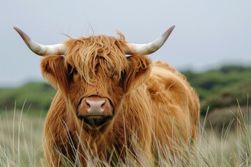 closeup image of an old brown cute highland cow with big horns and long hairs standing in a grassy field during sunshine in the morning