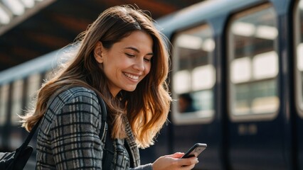 caucasian woman is smiling while looking at her smartphone, standing on train platform, traveling by train