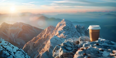 Solitary Coffee Moment Atop a Majestic Mountain Peak,Adventure and Tranquility in a Breathtaking Landscape - obrazy, fototapety, plakaty