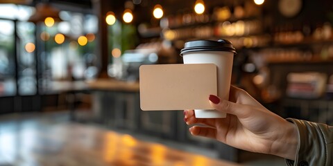 Holding Coffee Shop Loyalty Card with Copy Space for Promotion