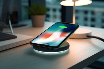 Charging smartphone on wireless charger at home - obrazy, fototapety, plakaty