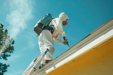 A professional painter in white protective gear and facemask standing on an ladder and painting the roof of a house with white and yellow paint using spray gun equipment during sunshine in the morning