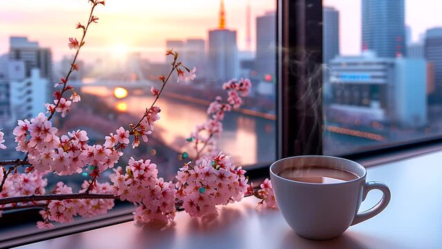 cup of coffee at the window with a spring cherry blossom cityscape of Osaka. Seamless looping 4k time-lapse video animation background