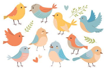 vibrant, cheerful set of spring birds in various poses, leaves. Cartoon illustration in childish style, birds in different poses. Modern trendy character. Images isolated on white. Vector illustration
