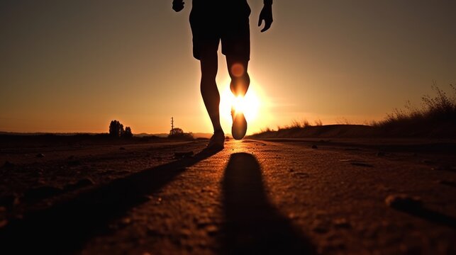 A captivating silhouette of a runner against a breathtaking sunset, depicting a moment of solitude and determination on a quiet, rural trail.