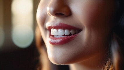 The close-up illustration shows a radiant smile with flawless snow-white teeth and bright lipstick on her lips, creating an image of elegant feminine beauty.