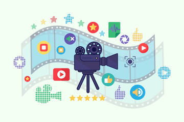 Old movie camera with reels on tripod. Premiere of new film in cinema concept. Horizontal banner, advertising television and multimedia studio. Cartoon outline vector isolated on beige background