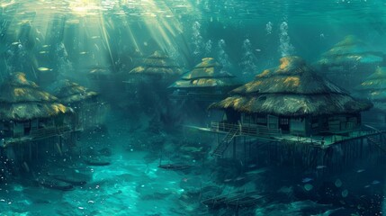 Flourishing Freedive Villages: Human-Powered Ocean Settlements and conceptual metaphors of Human-Powered Ocean Settlements - obrazy, fototapety, plakaty