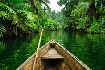 Foto op Plexiglas Traditional Canoe in a Lush Green Tropical Forest. © STOCKAI